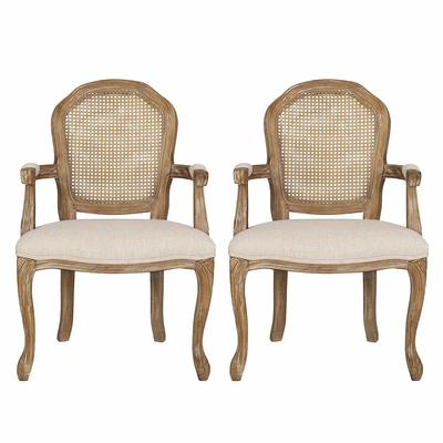 Noble House Joni French Wood Upholstered Dining Armchair, Set of 2, Beige,  Natural 