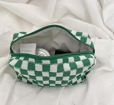 New Large Capacity Checkered Cosmetic Bag Green Makeup Pouch