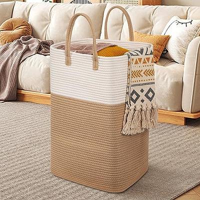 VIPOSCO Large Laundry Hamper, Tall Woven Rope Storage Basket for Blanket,  Toys, Dirty Clothes in Living Room, Bathroom, Bedroom - 58L White & Brown