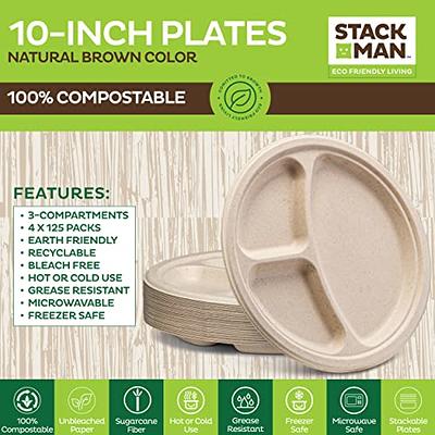 Comfy Package, 100% Compostable Heavy-Duty Paper Plates, Eco-Friendly Disposable Sugarcane Plates - Brown Unbleached [125 Pack] 9 inch