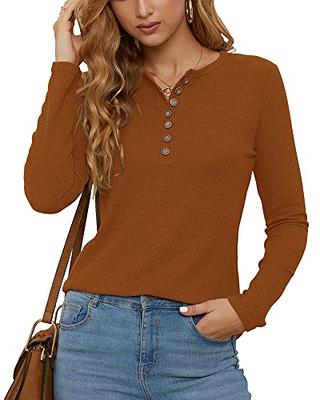 Waffle Knit Henley Shirt for Women Button Down V Neck Casual Long Sleeve  Solid Color Tops Apricot at  Women's Clothing store