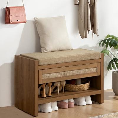 IDEALHOUSE 2-in-1 Shoe Storage Bench, Natural Rattan Shoe Cabinets with 3  Adjustable Shelves, Entryway Bench with Removable Seat Cushion, Shoe Rack