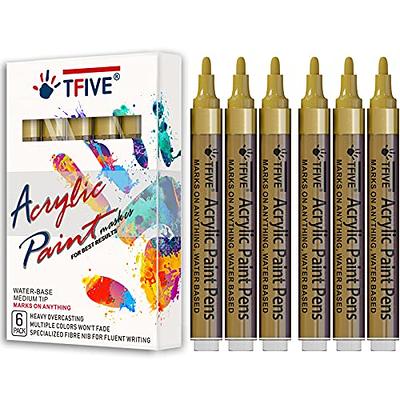 Funcils 5 Acrylic Gold Paint Pen Metallic - Gold Marker Metallic Paint for Wood, Fabric, Canvas, Leaf, Tire, Metal, Glass - Gold Paint Pen Fine Tip