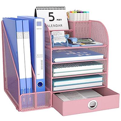  Supeasy 5 Tier Desk Organizer with Handle & 3 Pen Holders,  Mesh Paper/File Organizer for Desk, Paper Letter Tray Organizer for Office  Supplies (Pink) : Office Products