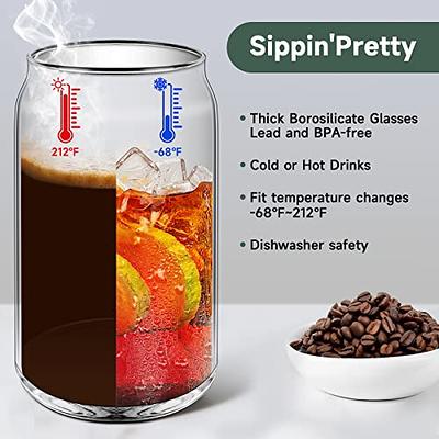 Drinking Glasses Bamboo Lids and Glass Straw 4pcs Set 16oz Can Shaped Glass  Cups Beer Glasses Iced Coffee Glasses Cute Tumbler Cup 