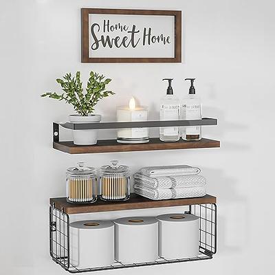 Fixwal 4+1 Tier Floating Shelves, Rustic Wood Wall Shelf, Bathroom Shelves  Over Toilet with Wire Storage Basket, Farmhouse Wall Decor for Bedroom