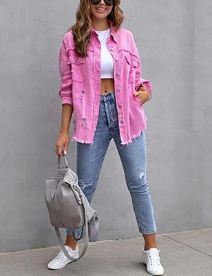 Men Denim Jacket Ripped Jean Coat Distressed Top Outerwear,Pink,XXL