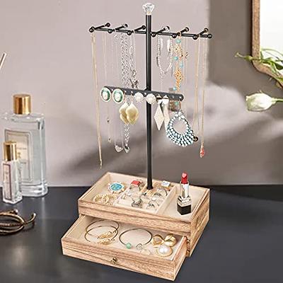 Olakee Jewelry Organizer - 2 Layer Wooden Jewelry Drawer Storage Box with 6 Tier Jewelry Tree Stand, Jewelry Display for Necklaces Bracelet Earring Ring