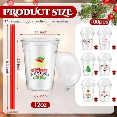 50 Sets Christmas Plastic Cups with Lids and Paper Straws 16 oz