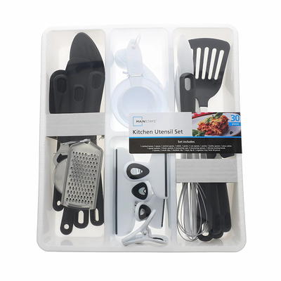 Mainstays 30-Piece Kitchen Gadget Set with Cooking Utensils, Measuring Cups,  Clips, and Drawer Organizer, Black/White - Yahoo Shopping