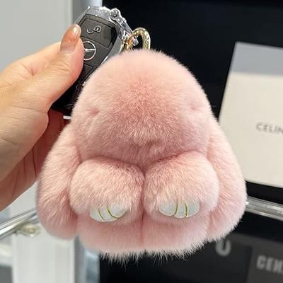 HXINFU Soft Cute Rabbit Fur Pom Pom Keychain Fluffy Real Rex Bunny Keychain Decoration