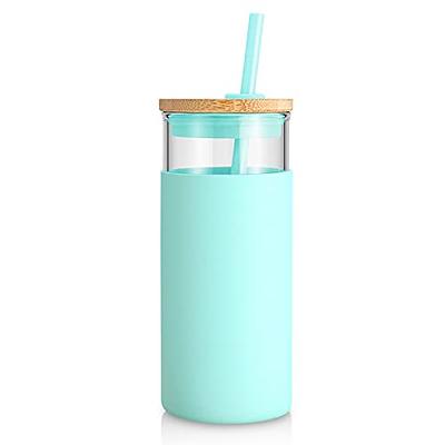 Tronco 20oz Glass Tumbler Glass Water Bottle Straw Silicone Protective Sleeve Bamboo Lid - BPA Free (Amber)
