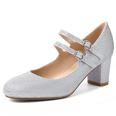 Women's Silver Glitter Low Heel Pumps Shoes