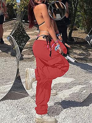 SANGTREE Womens Cargo Pants Multi-Pocket Elastic Waist Pull On Jogger Pants  with Drawstring,Dark Purple,S