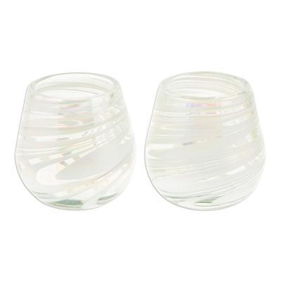 Set of 4 Frosted Wine Glasses Handblown from Recycled Glass, 'Frosted White