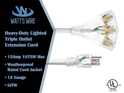 15 ft - 12 Gauge Heavy Duty Extension Cord - 3 Outlet Lighted SJTW - Indoor/Outdoor  Extension Cord by Watt's Wire - 15' 12-Gauge Grounded 15 Amp Extension Cord  - Yahoo Shopping