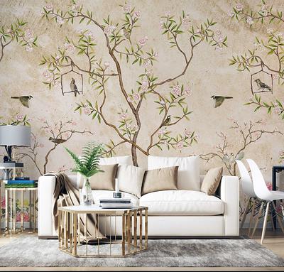 Bird and Branch Peel and Stick Wallpaper Mural in Pink  MUSE Wall Studio