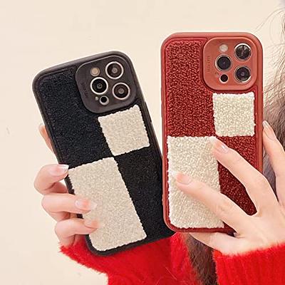  Furry Black White Phone Case Compatible with iPhone 13 Pro 6.1  inch 2021 Checkered Girly Classic Retro Chic Slim Soft Bumper +Terry velvet  Fluffy Material Protective Cover (Black White Checkers) 