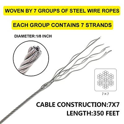 RECTOO 100ft 1/8 Stainless Steel Cable, 7x7 Strands Stainless Steel Wire  Rope Construction, Wire Rope Aircraft Cable for Deck Railing Stair Handrail
