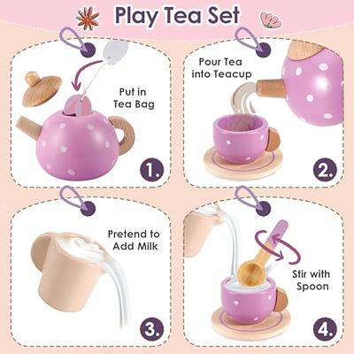 HERSITY Tea Set Toddler Wooden Food Play Toys Afternoon Tea Party Kids  Kitchen Accessories Gifts for Little Girls Boys 3-5 Years Old