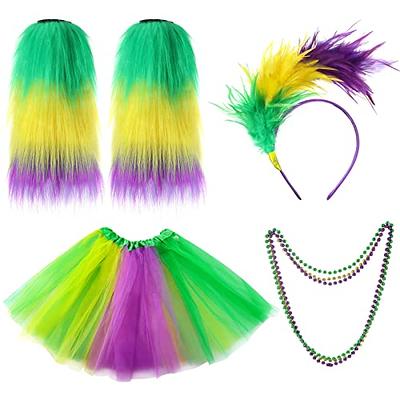 Women Mardi Gras Party Costume Stretchy Leggings Tights with tri-Colors  Beads Necklace for Party Costume