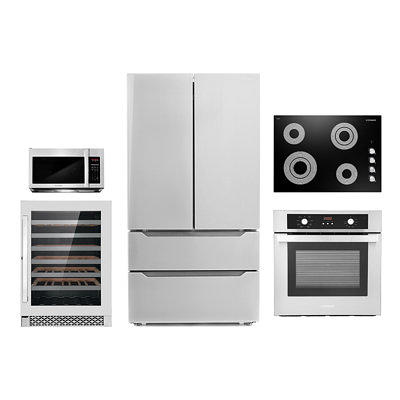 Cosmo 4 Piece Kitchen Appliance Package 36 Electric Cooktop 24 Single  Electric Wall Oven 24 Built-In Microwave Drawer & French Door Refrigerator