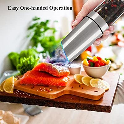 Electric Salt and Pepper Grinder Set - Stainless Steel Battery Operated  Salt & Pepper Mills with Light (Pack of 2) - Automatic One Handed Operation