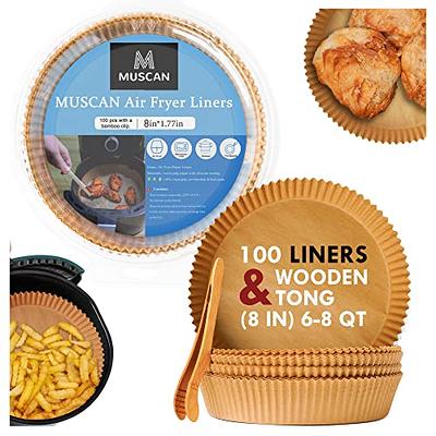 MUSCAN Air Fryer Liners 100 Pcs 8 Inches Round with Wooden Tong