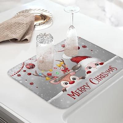 Huotupsine Grey Santa Elk Christmas Dish Drying Mat for Kitchen