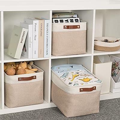 Ornavo Home Foldable Linen Storage Cube Bin with Leather Handles - Set of 6 - White, Khaki