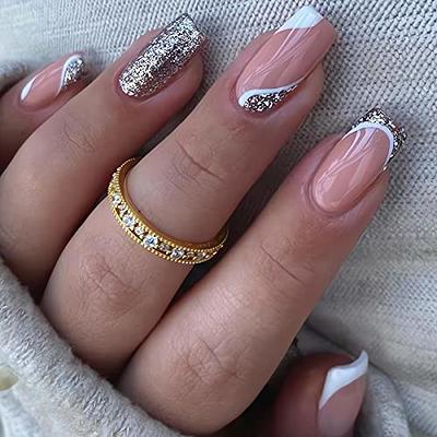 24pcs Short Square False Nails French Style With White Edge, Gold Flakes  And Rhinestones, Nail Art Set For Daily Wear