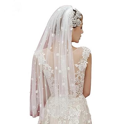 Aukmla Wedding Bridal Veils Ivory Beautiful Long Veil with Lace and Metal  Comb at the Edge Cathedral Length (Ivory)