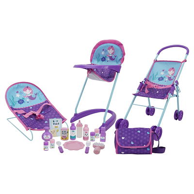 Baby Alive: Deluxe Classic Doll Pram - Pink & Rainbow - Includes Matching  Handbag/Diaper Bag, Fits Dolls up to 18, Large Canopy, Storage Basket 