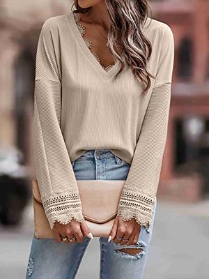 REORIAFEE Trendy Fall Clothes for Women 2023 Tiktok Formal Blouse Fashion  Loose T-Shirt 3/4 Sleeve Blouse Round Neck Casual Tops Khaki XL