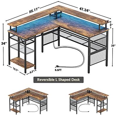 Unikito L Shaped Desk with LED Light and Power Outlet, Reversible Corner  Computer Table with Monitor Stand and Storage Shelf, Modern L- Shaped  Gaming Desk, Ergonomic Home Office Desk, Rustic Brown 