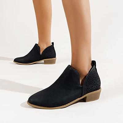  Women Low Heel Ankle Booties Slip On Vegan Suede Leather Cut  Out Chunky Block Stacked Peep Toe Ankle Boots Shoes Black