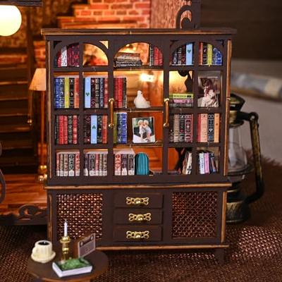 DIY Book Nook Kit Insert Bookcase Book Stand 3D Wooden Puzzle DIY Miniature  House Wood Bookend Book Nook Model Building Kit with LED Light Booknook