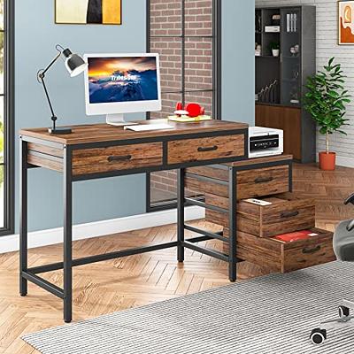 Computer Desk with 4 Drawers and Hutch, Office Desk with File Drawers and  Monitor Shelf, Small