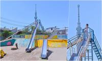 東京隱藏版親子景點「京島南公園」3層樓高溜滑梯，站上頂端與藍天、晴空塔合照！