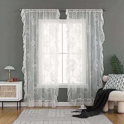 Ivory Lace Curtain for Living Room Ruffle Trim Sheer Curtain for