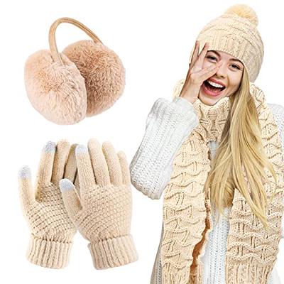 Womens Winter Knit Slouchy Beanie Pom Pom Hat Ski Cap with Fingerless  Gloves Set