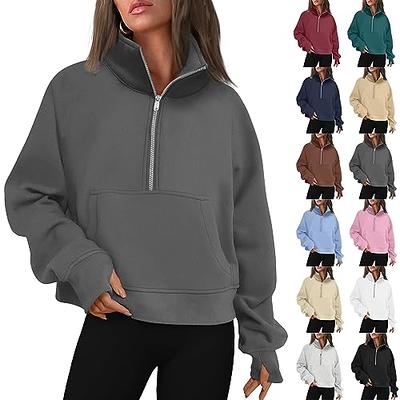 Womens Sweatshirts Fleece Lined 1/2 Zipper Collar Pullover Sweatshirts Long  Sleeve Crop Tops Sweater Thumb Hole