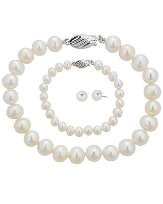 Cultured Pearl Set Necklace, Bracelet & Earrings Sterling Silver