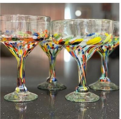 Mexican Hand Blown Glass – Set of 4 Hand Blown Modern Margarita Glasses - Confetti Rock (12 oz)