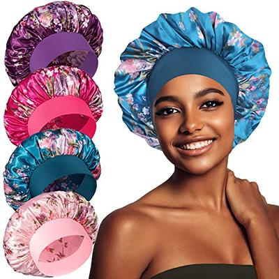 Satin Bonnet Silk Sleep Cap Hair Bonnets for Women Stretchy Tie Band Hair  Cap for Curly Hair Silk Hair Wrap(Bean Paste + Lavender)