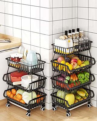 4-Tier Wood Fruit Vegetable Storage Rack Stand Stackable Fruit Basket Organizer Rack for Kitchen - Brown