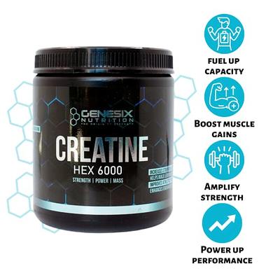 GENESIX NUTRITION HEX 6000 Creatine Monohydrate Workout Supplement, Improve Strength & Accelerate Muscle Gains, More Energy During  High-Intensity Exercise, Heighten Brain Performance