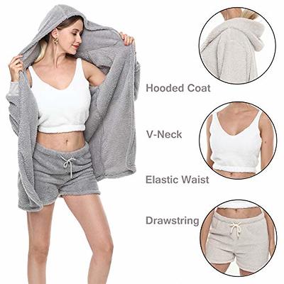 The Cozy Knit Set,Warm Hooded Cardigan Crop Top Shorts Set Pajamas  Loungewear Cozy Knit Set 3-Piece (Beige,S) at  Women's Clothing store