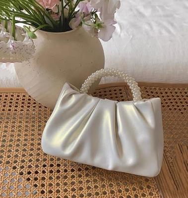 Odette Women White Pearl Studded Bridal Clutch Bag