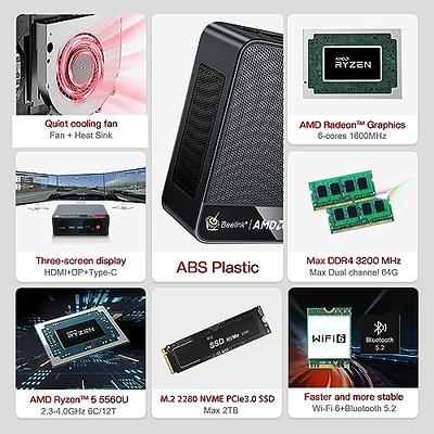 Beelink SER5 Mini PC, AMD Ryzen 5 5560U (6C/12T, Up to 4.0GHz), 16GB RAM  DDR4 500GB NVMe SSD, Mini Desktop Computer Support 4K@60Hz, Three Display